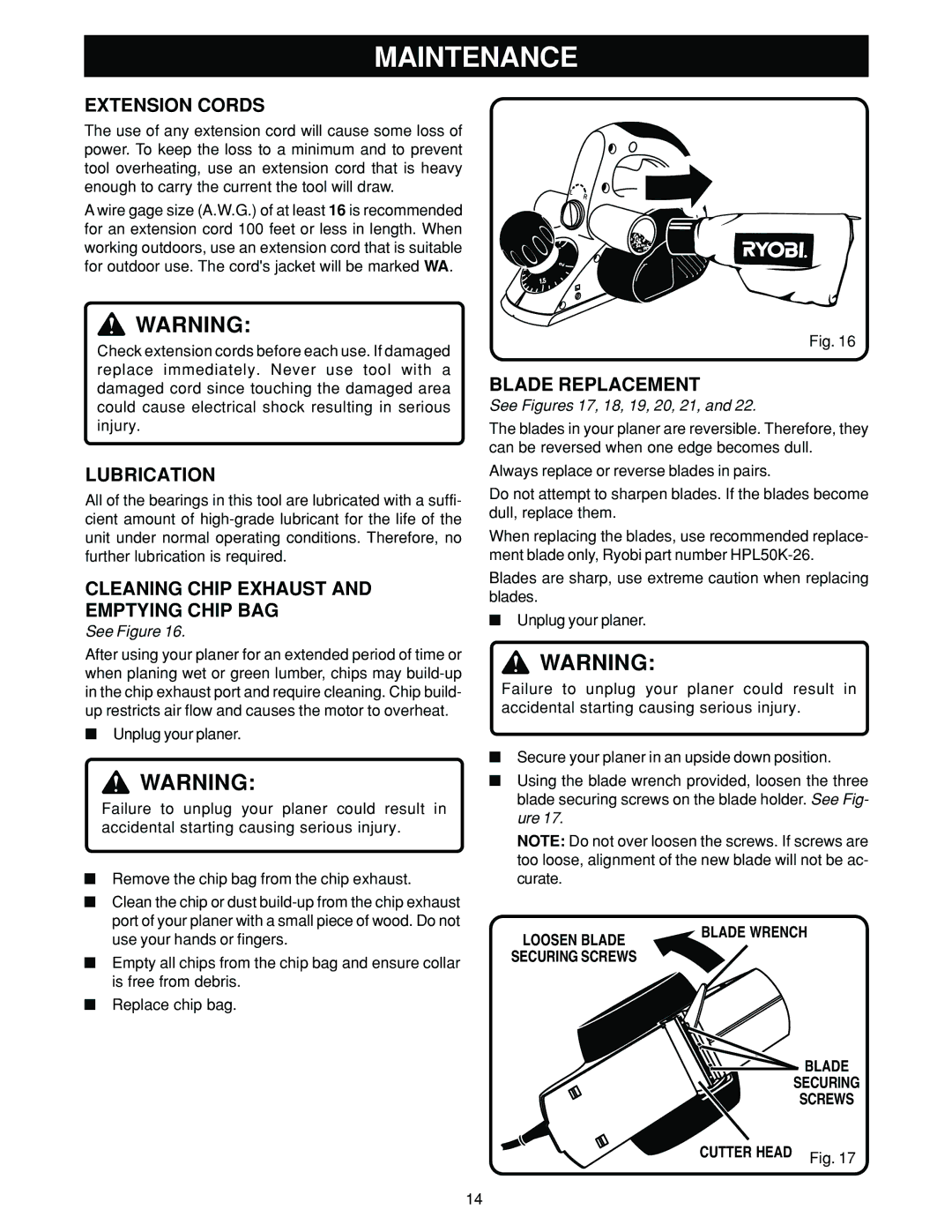 Ryobi HPL50 manual Extension Cords, Lubrication, Cleaning Chip Exhaust and Emptying Chip BAG, Blade Replacement 