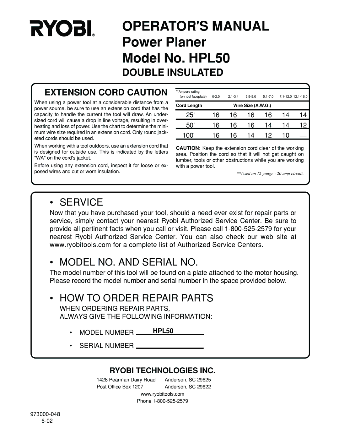 Ryobi HPL50 manual Extension Cord Caution 