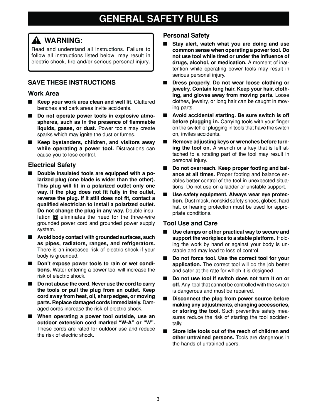 Ryobi HPL50 manual General Safety Rules, Work Area 