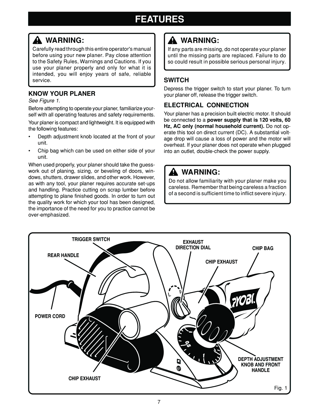 Ryobi HPL50 manual Features, Know Your Planer, Electrical Connection, Trigger Switch 