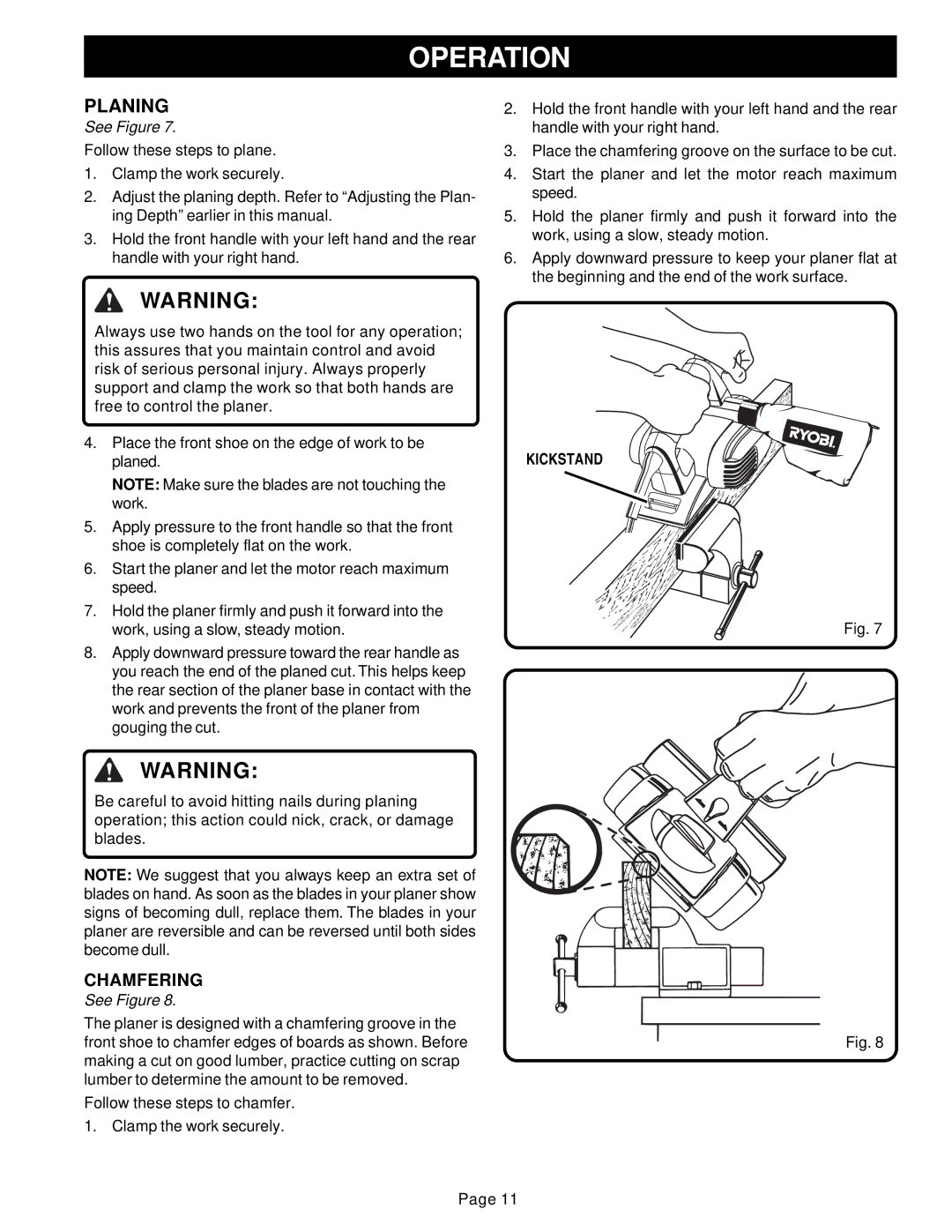 Ryobi HPL51 manual Planing, Chamfering 
