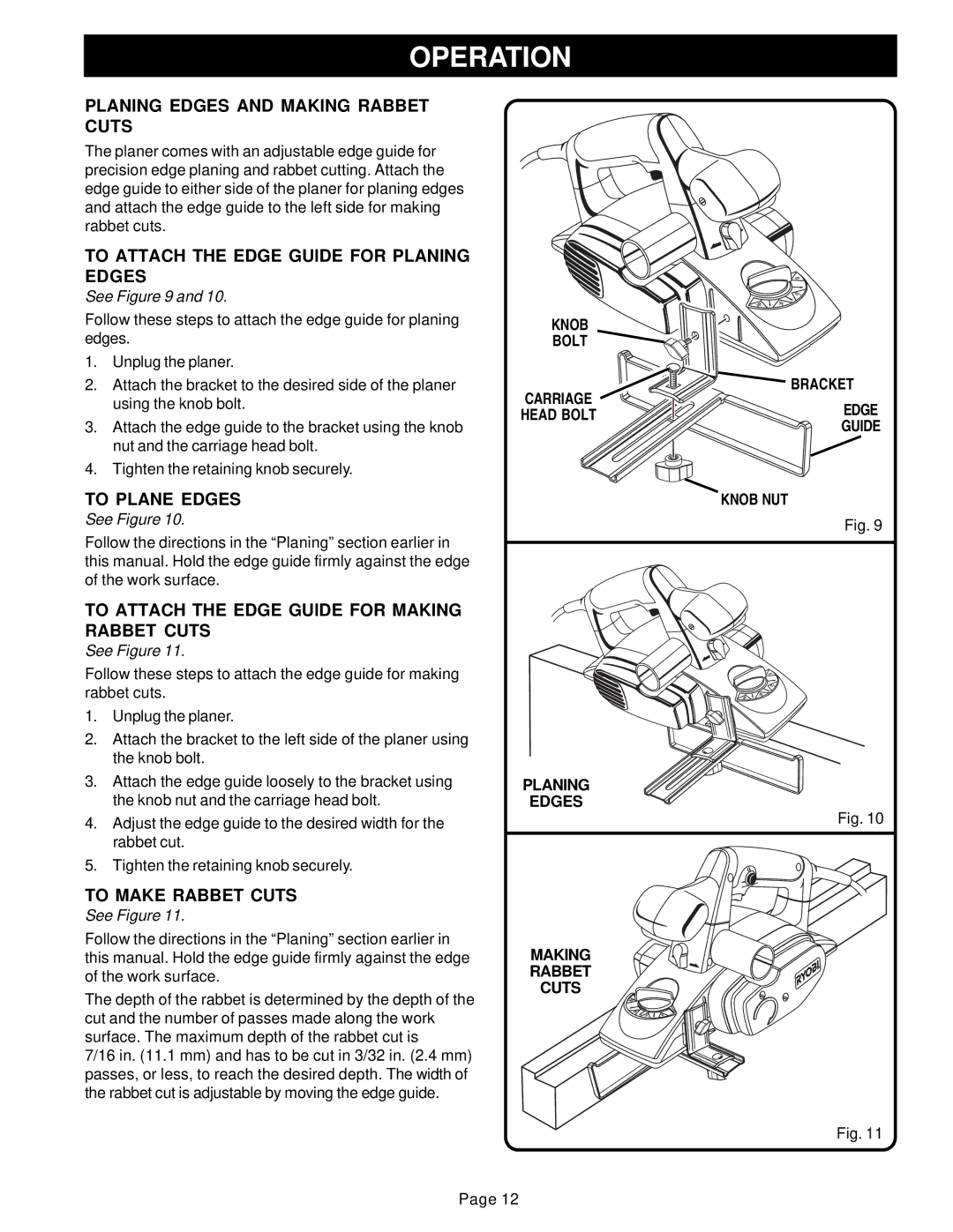 Ryobi HPL51 manual Planing Edges and Making Rabbet Cuts, To Attach the Edge Guide for Planing Edges, To Plane Edges 