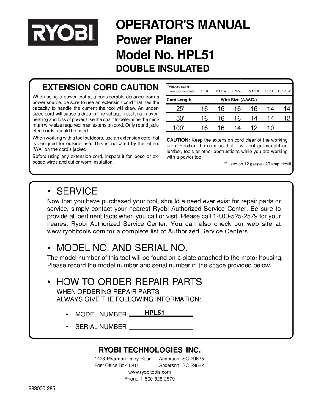 Ryobi HPL51 manual Extension Cord Caution 