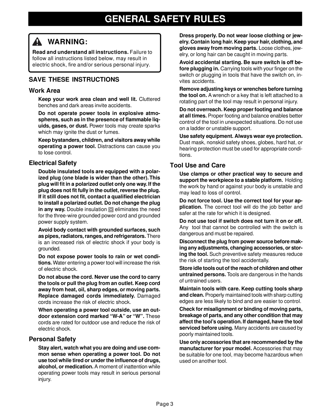 Ryobi HPL51 manual General Safety Rules, Work Area 