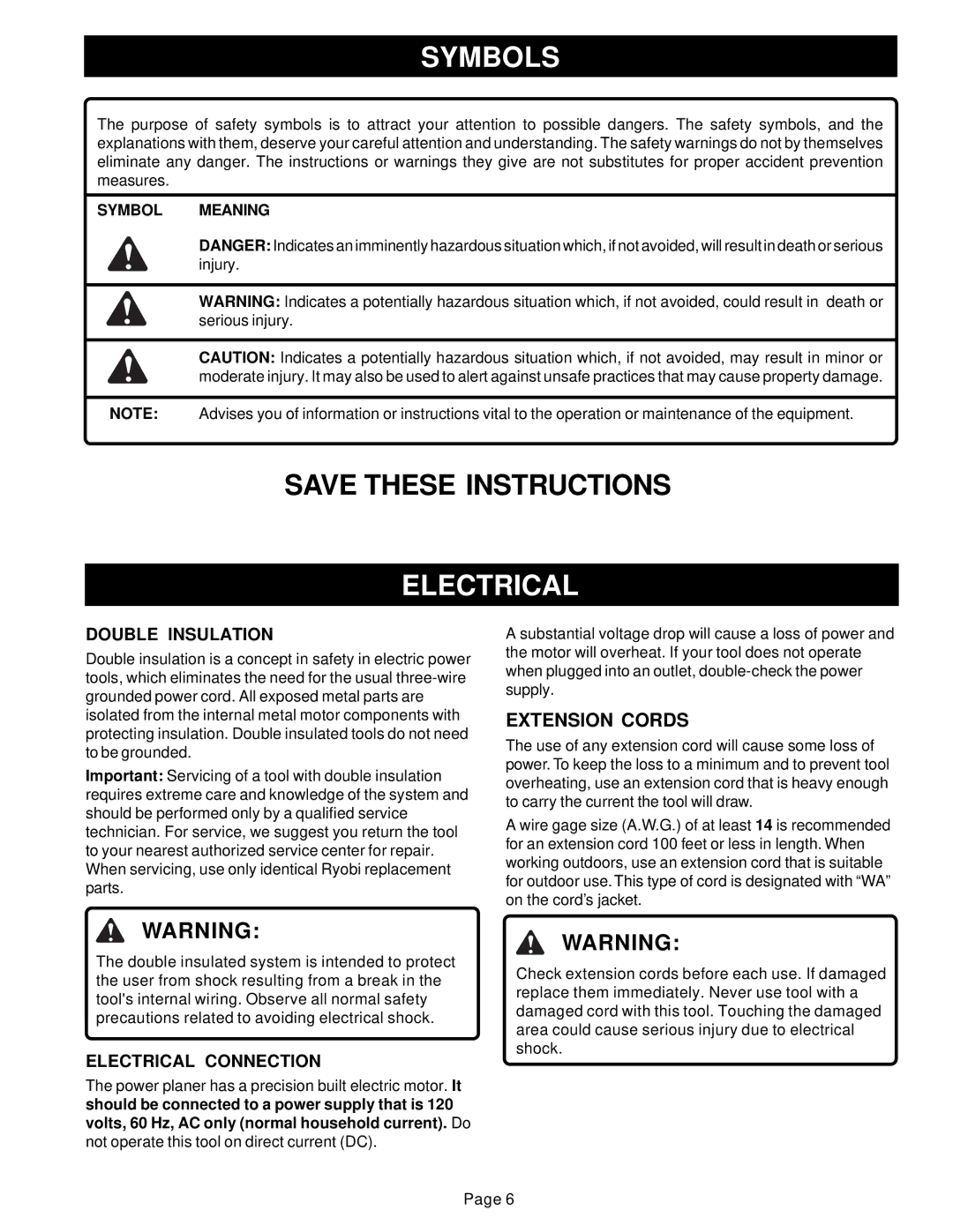 Ryobi HPL51 manual Extension Cords, Double Insulation, Electrical Connection 