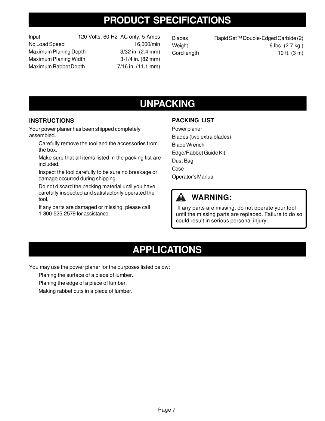 Ryobi HPL51 manual Product Specifications, Unpacking, Applications, Instructions, Packing List 