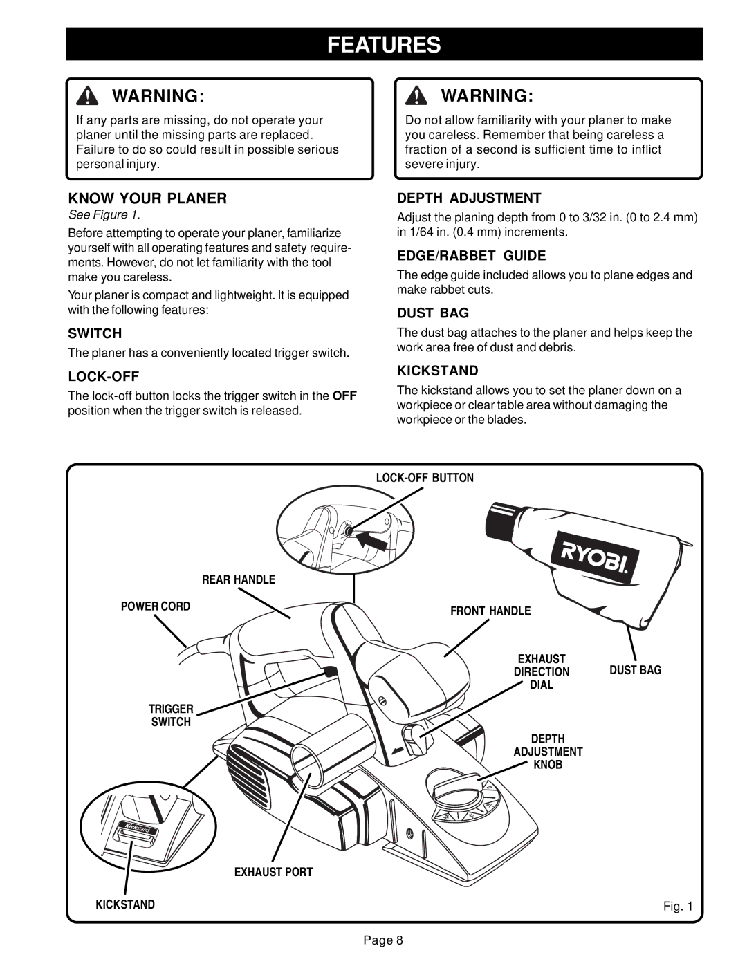 Ryobi HPL51 manual Features, Know Your Planer 