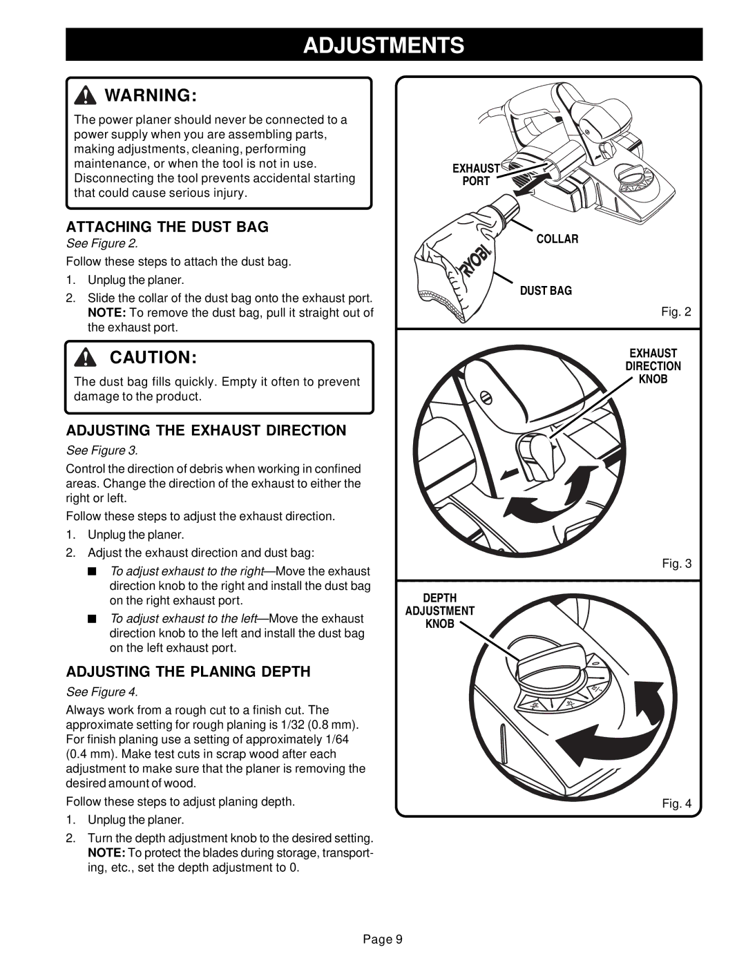 Ryobi HPL51 manual Adjustments, Attaching the Dust BAG, Adjusting the Exhaust Direction, Adjusting the Planing Depth 