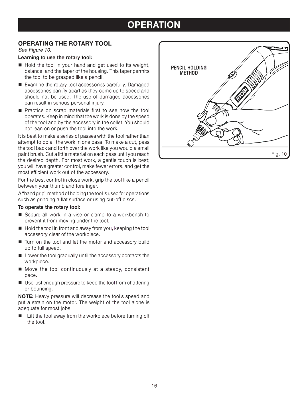 Ryobi HT230 manual Operating the Rotary Tool, Learning to use the rotary tool, To operate the rotary tool 