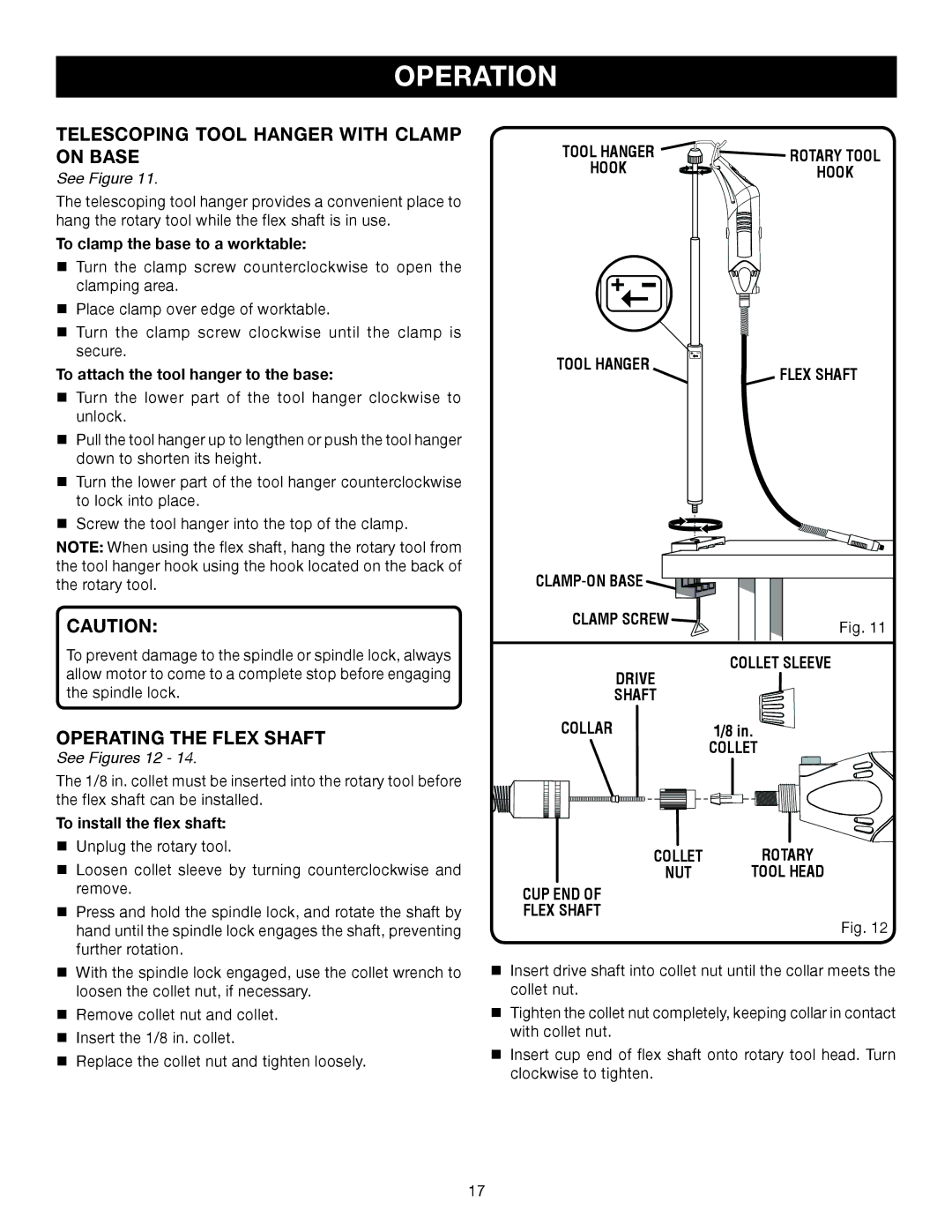 Ryobi HT230 manual Telescoping Tool Hanger with Clamp on Base, Operating the Flex Shaft, See Figures 12 