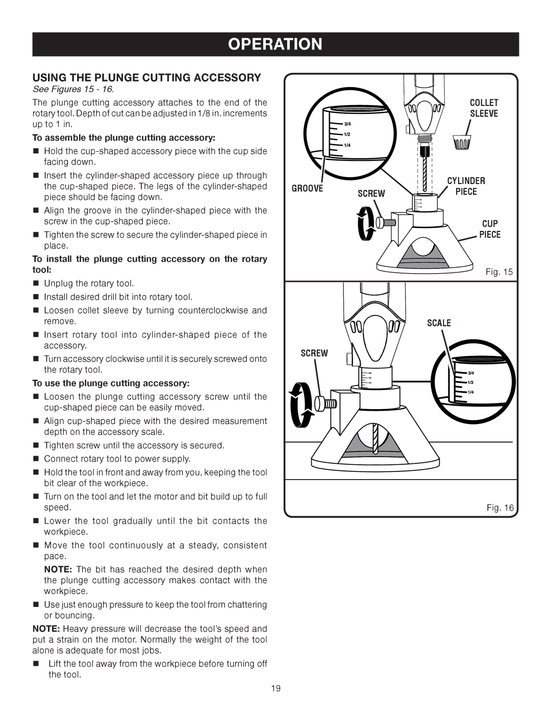 Ryobi HT230 manual Using the Plunge Cutting Accessory, See Figures 15, To assemble the plunge cutting accessory 