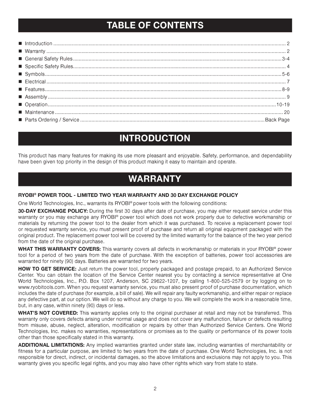 Ryobi HT230 manual Introduction, Warranty 