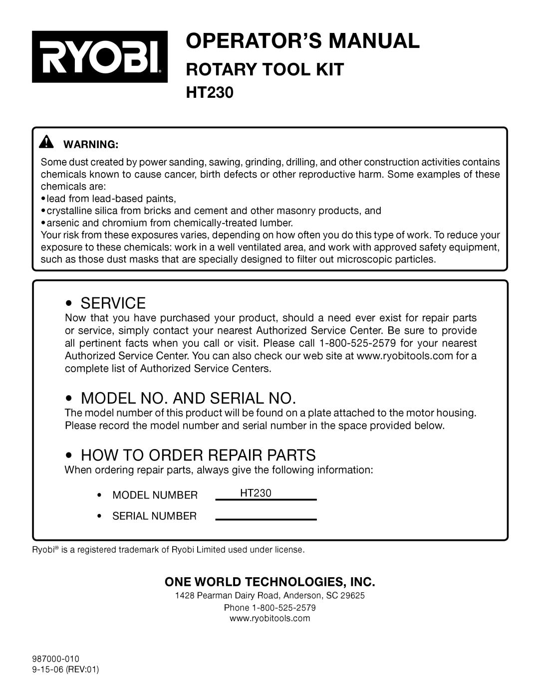 Ryobi HT230 manual Service Model NO. and Serial no 