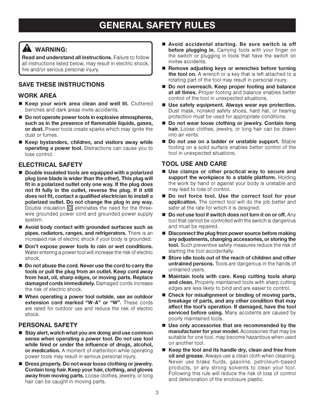 Ryobi HT230 manual General Safety Rules, Work Area, Electrical Safety, Personal Safety, Tool USE and Care 