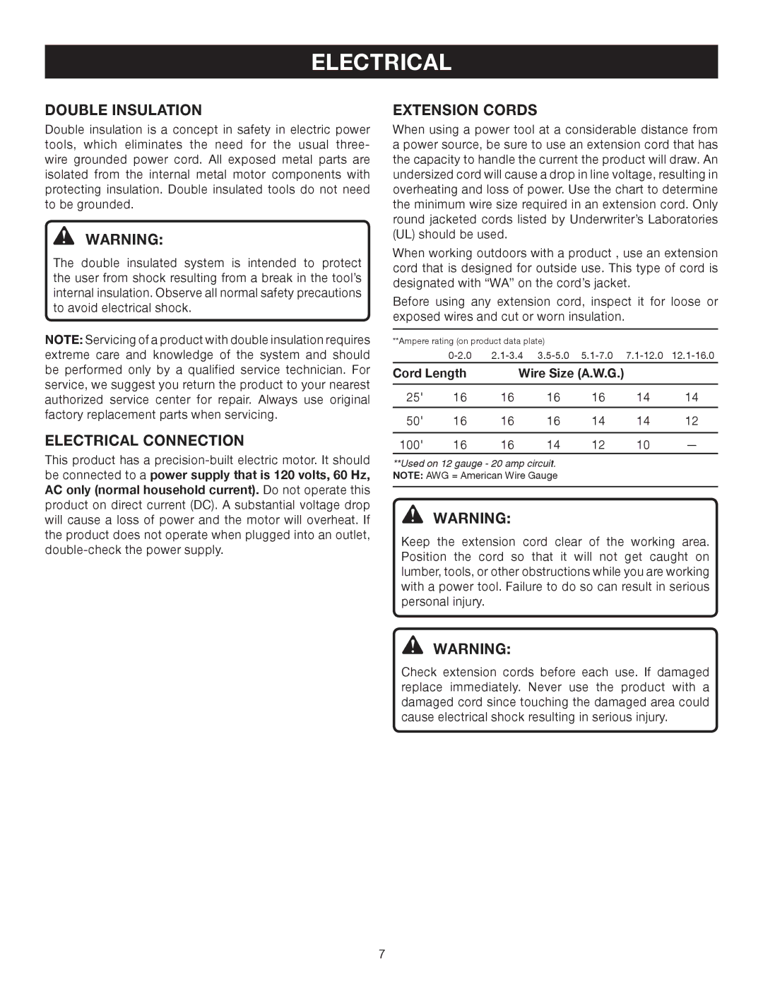 Ryobi HT230 manual Double Insulation, Electrical Connection, Extension Cords, Cord Length Wire Size A.W.G 