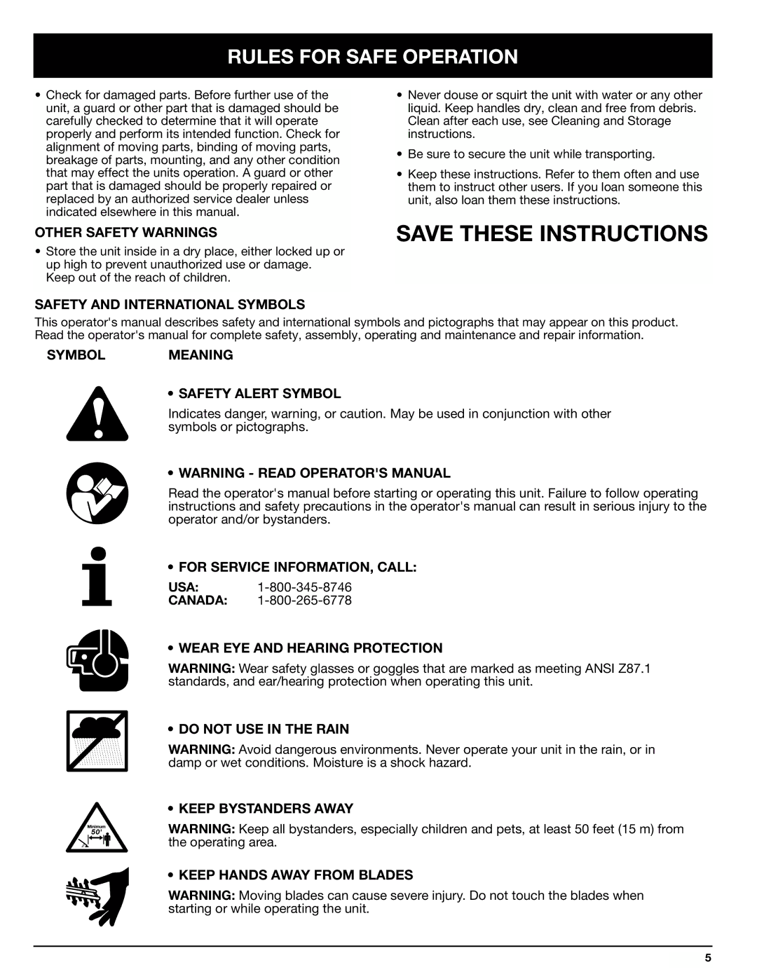 Ryobi HT816r, HT818r, HT822r Other Safety Warnings, Safety and International Symbols, Symbolmeaning Safety Alert Symbol 