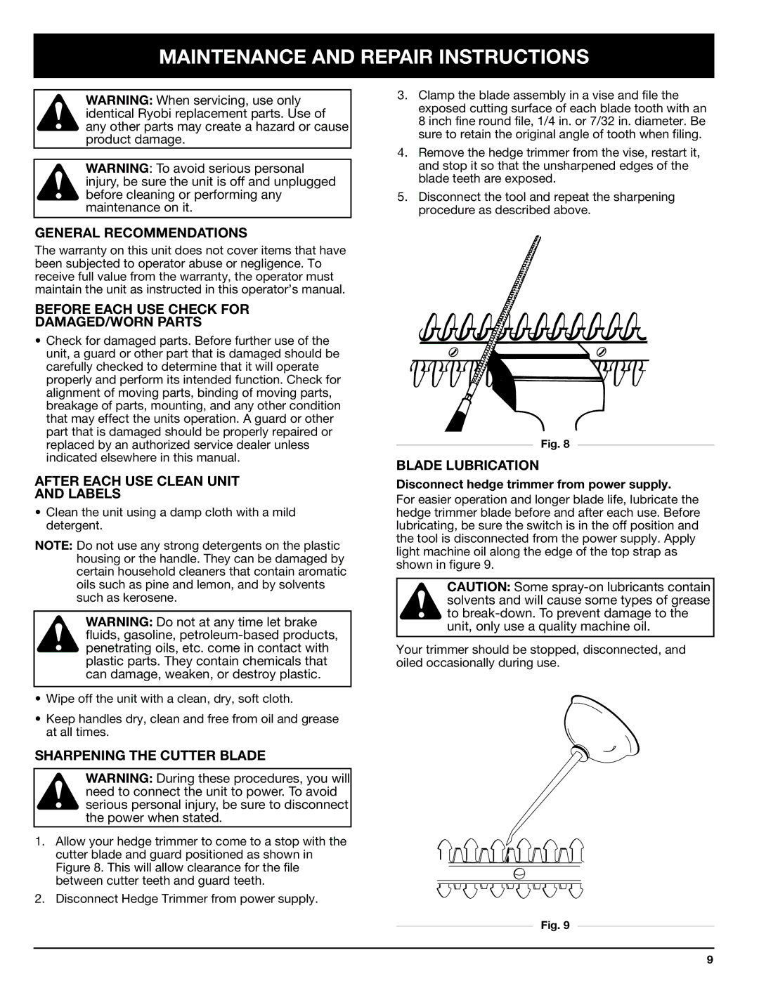 Ryobi HT816r, HT818r, HT822r manual Maintenance and Repair Instructions 