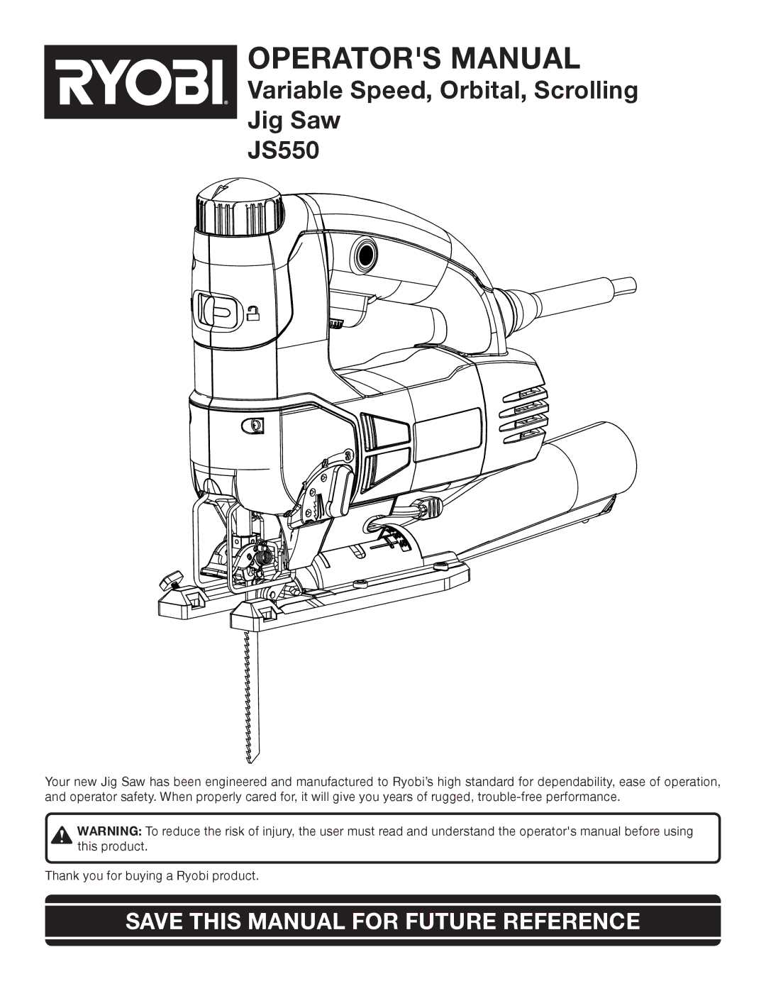 Ryobi Jig Saw manual Operators Manual, Save this Manual for Future Reference 