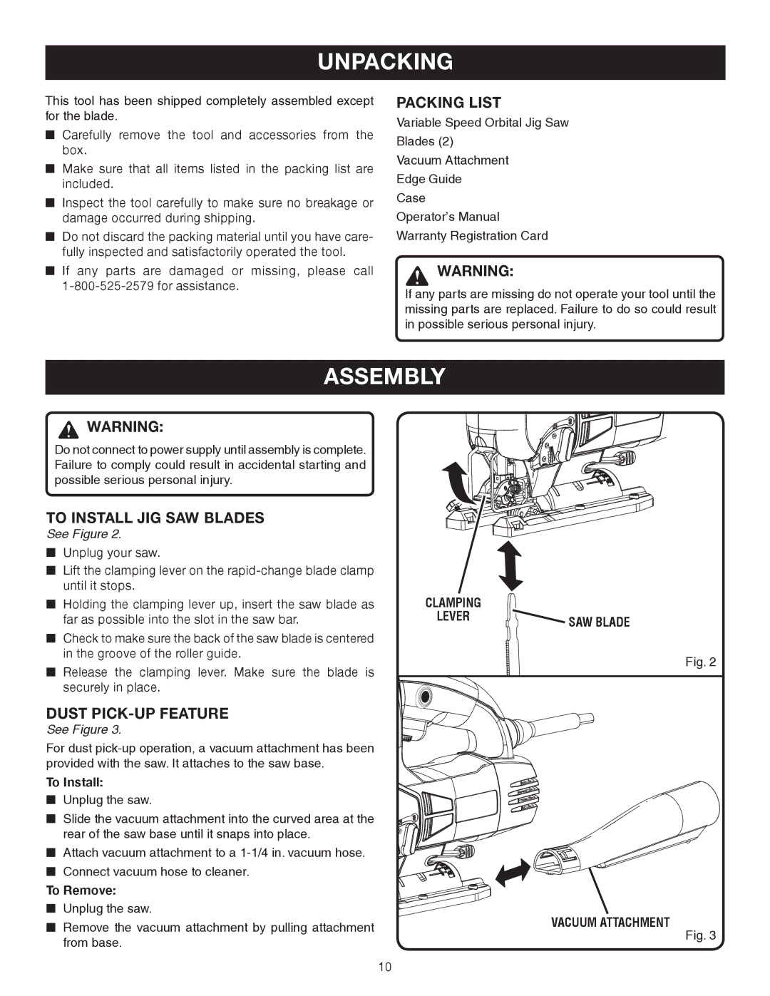 Ryobi Jig Saw manual Unpacking, Assembly, Packing List, To Install JIG SAW Blades, Dust PICK-UP Feature 