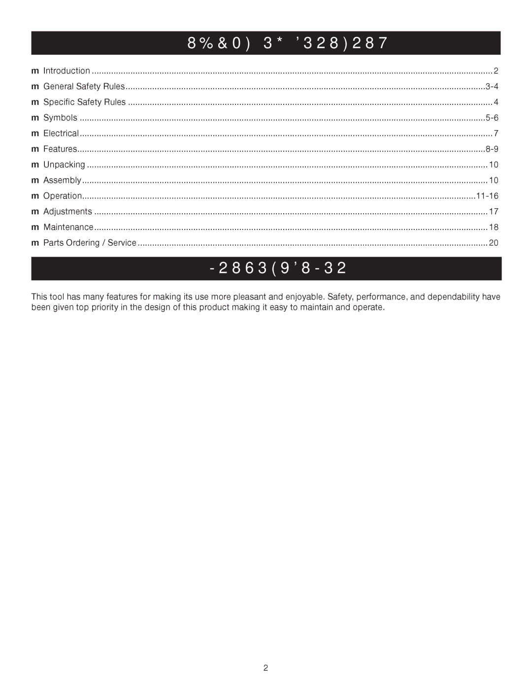 Ryobi Jig Saw manual Introduction, Table of Contents 