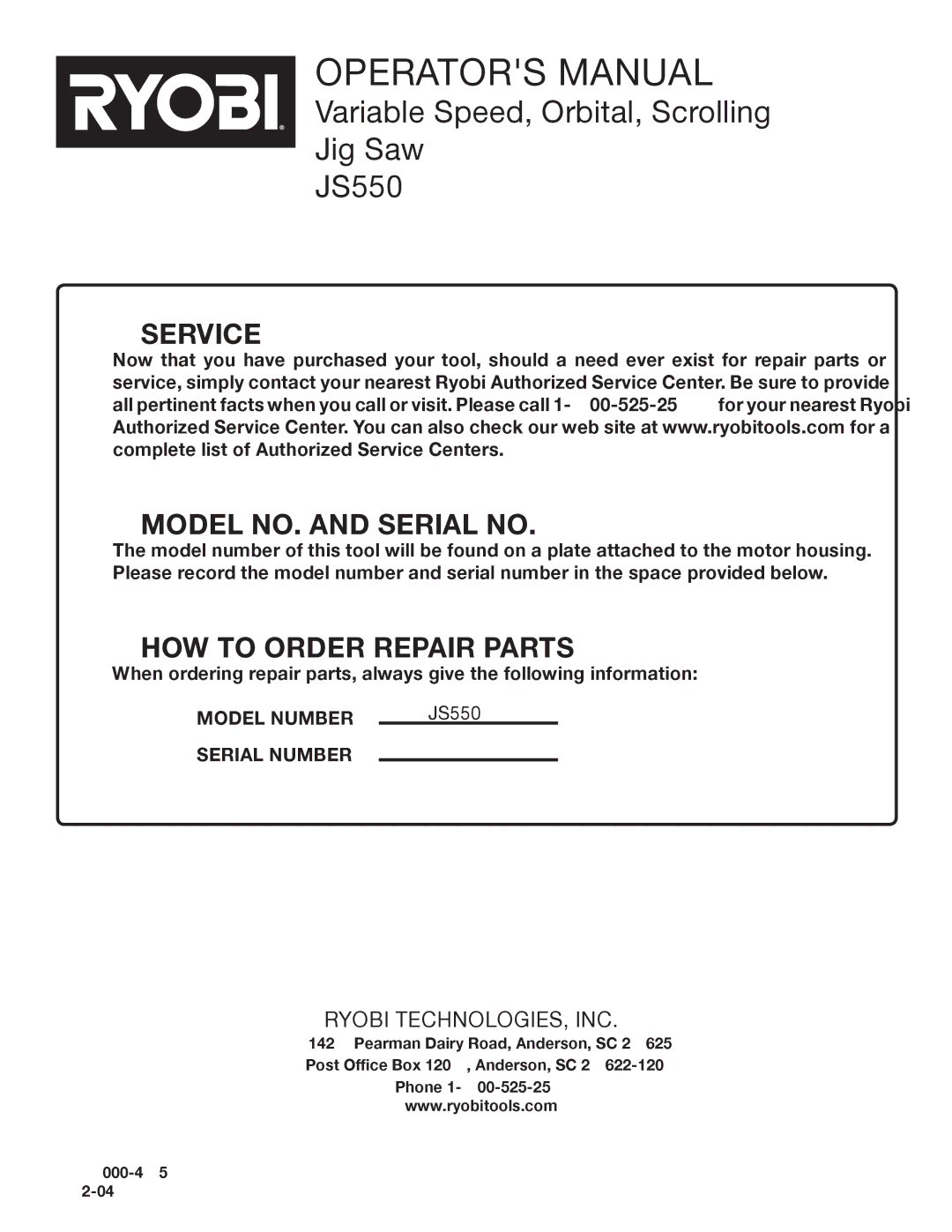 Ryobi Jig Saw manual Service Model NO. and Serial no 