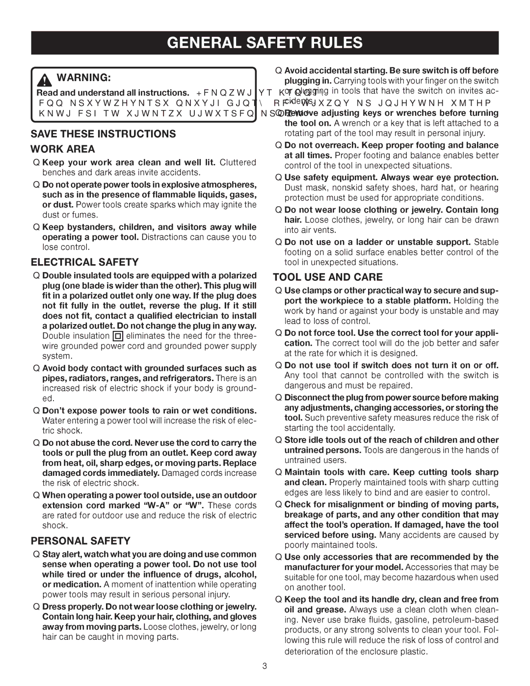 Ryobi Jig Saw manual General Safety Rules, Work Area, Electrical Safety, Personal Safety, Tool USE and Care 