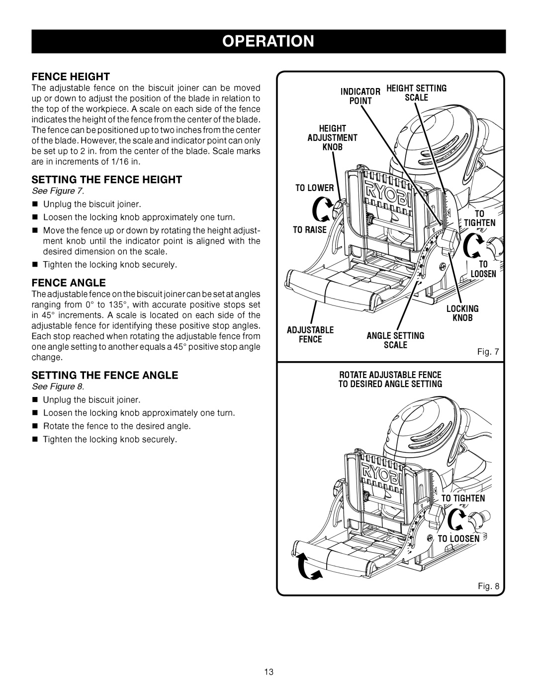 Ryobi JM82 manual Setting the Fence Height, Setting the Fence Angle 