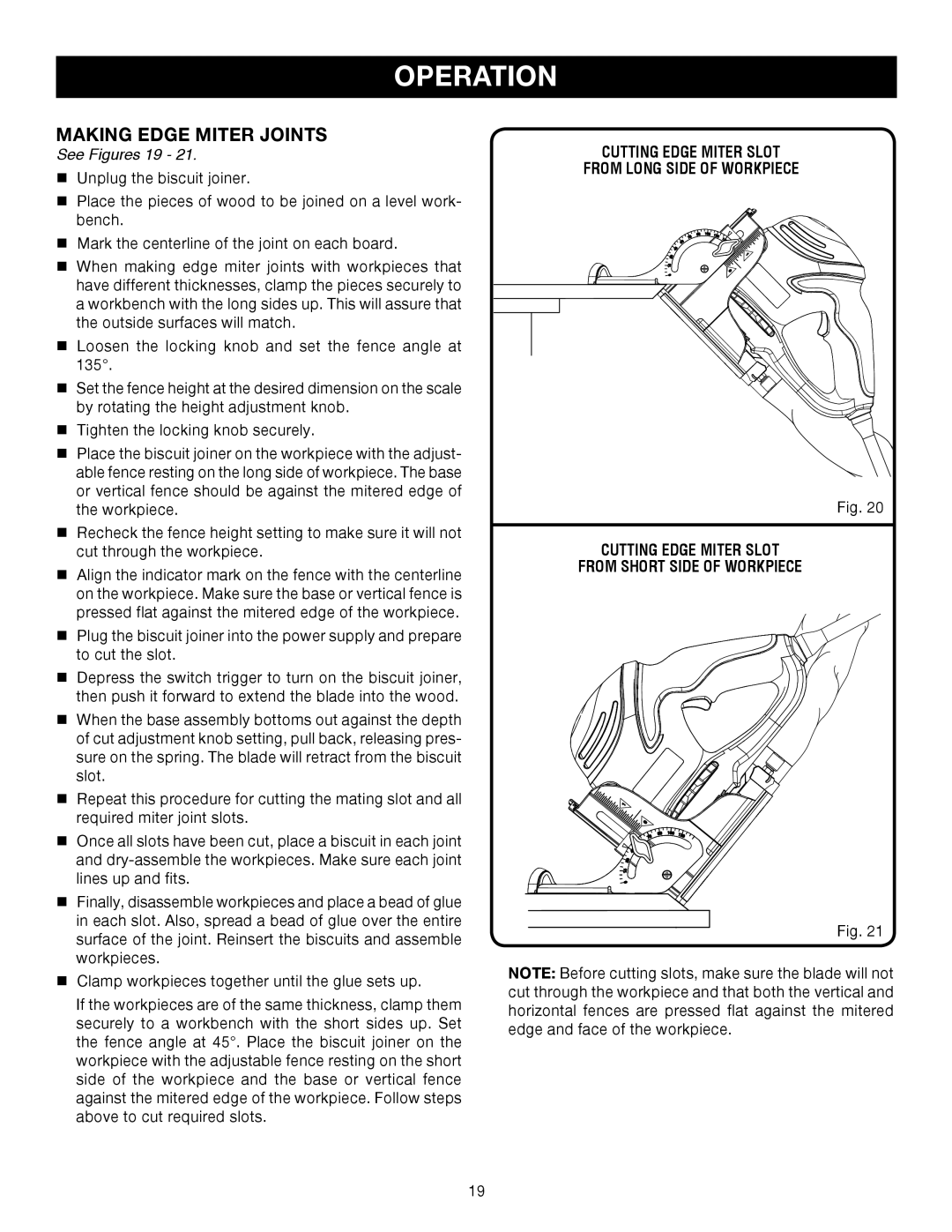 Ryobi JM82 manual Making Edge Miter Joints, See Figures 19 