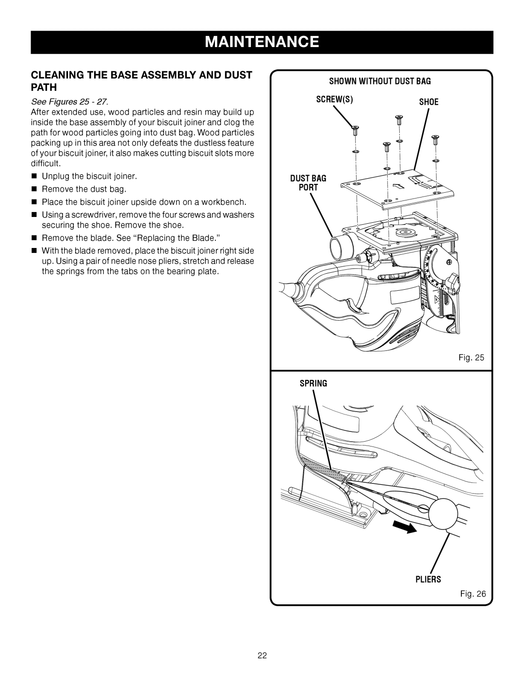 Ryobi JM82 manual Cleaning the Base Assembly and Dust Path, See Figures 25 