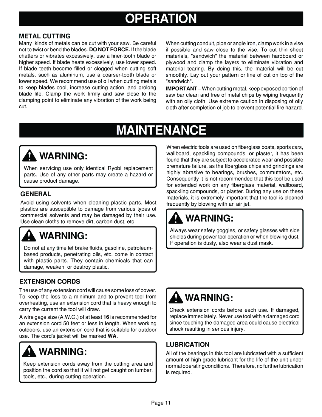 Ryobi JSO48 specifications Maintenance, Metal Cutting, General, Extension Cords, Lubrication 