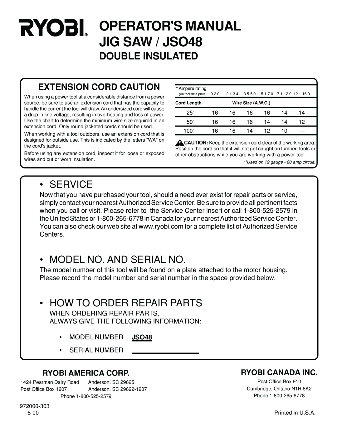 Ryobi specifications Operators Manual JIG SAW / JSO48 