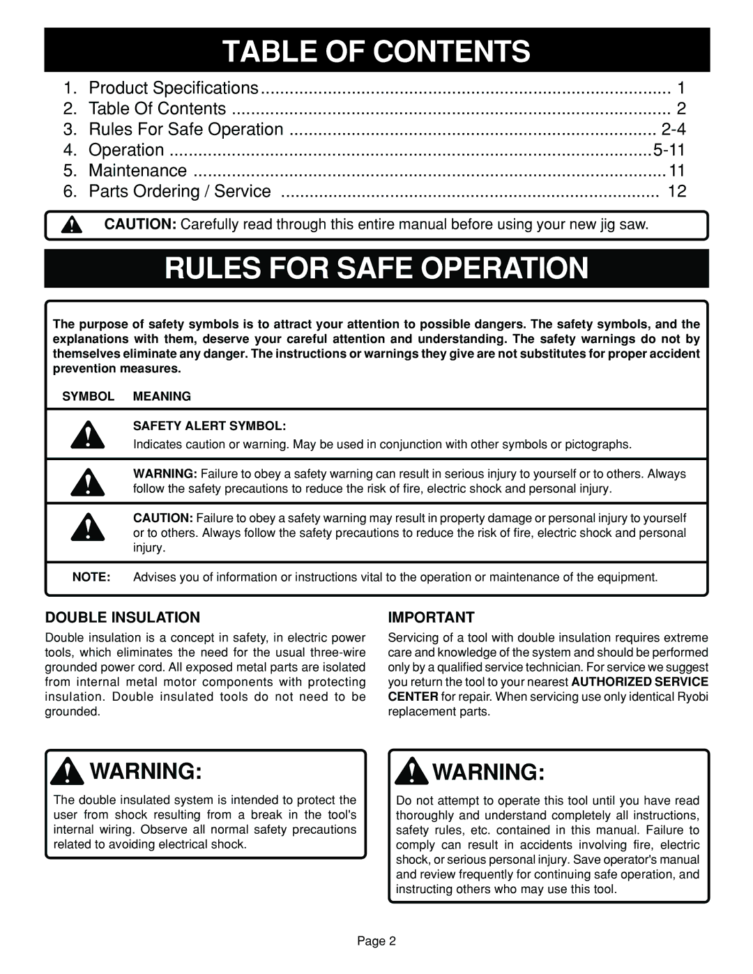 Ryobi JSO48 specifications Table of Contents, Rules for Safe Operation 