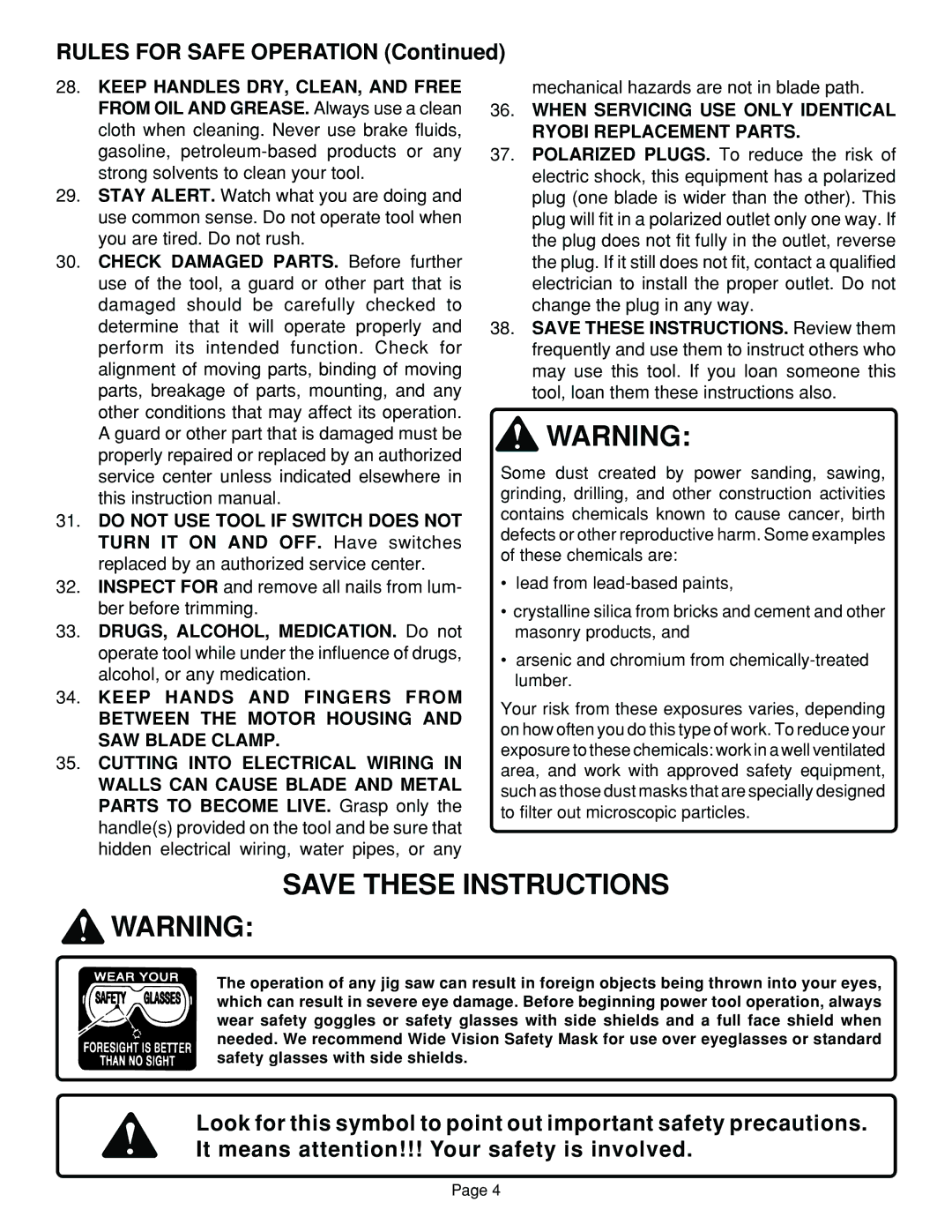 Ryobi JSO48 specifications Rules for Safe Operation, When Servicing USE only Identical Ryobi Replacement Parts 