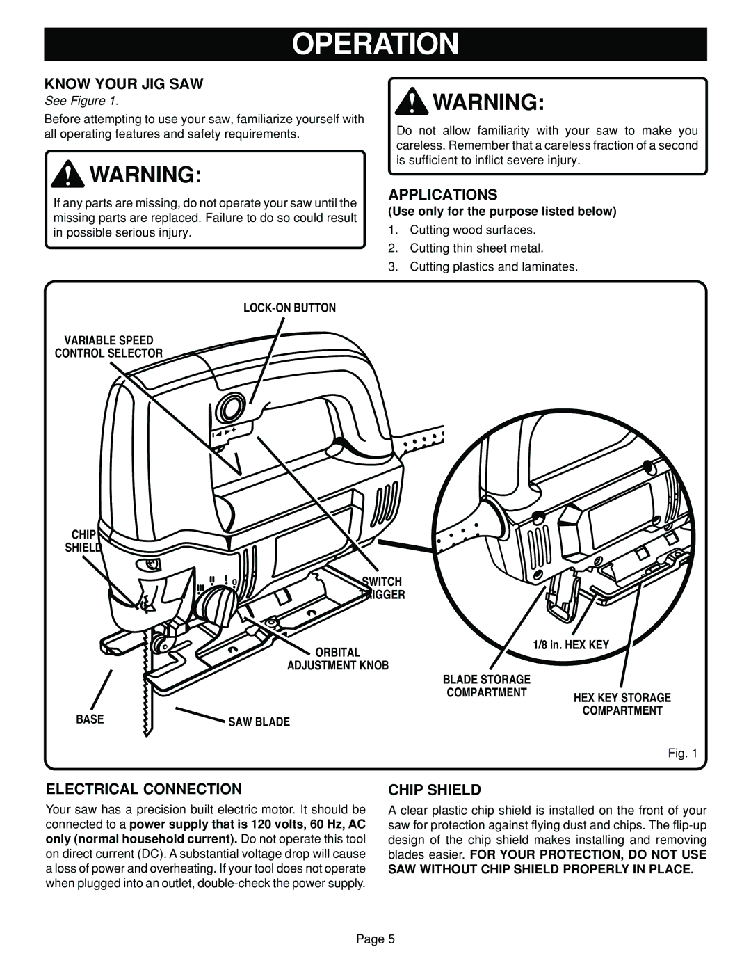 Ryobi JSO48 specifications Operation, Know Your JIG SAW, Applications, Electrical Connection, Chip Shield 