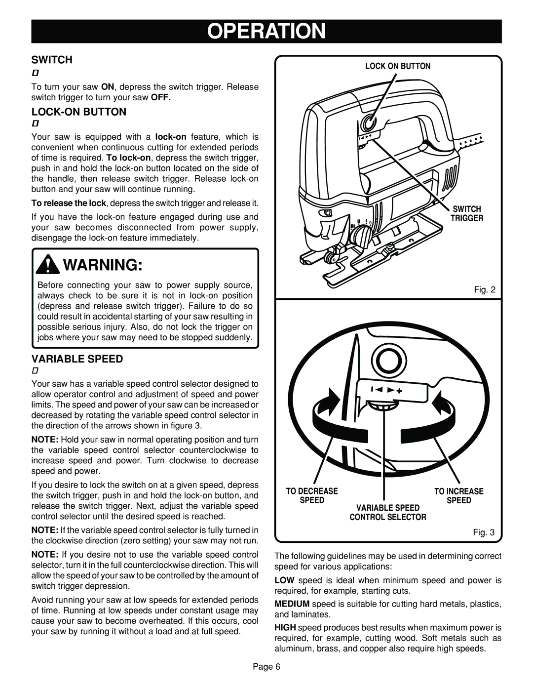 Ryobi JSO48 specifications LOCK-ON Button, Variable Speed, Lock on Button, Switch Trigger 