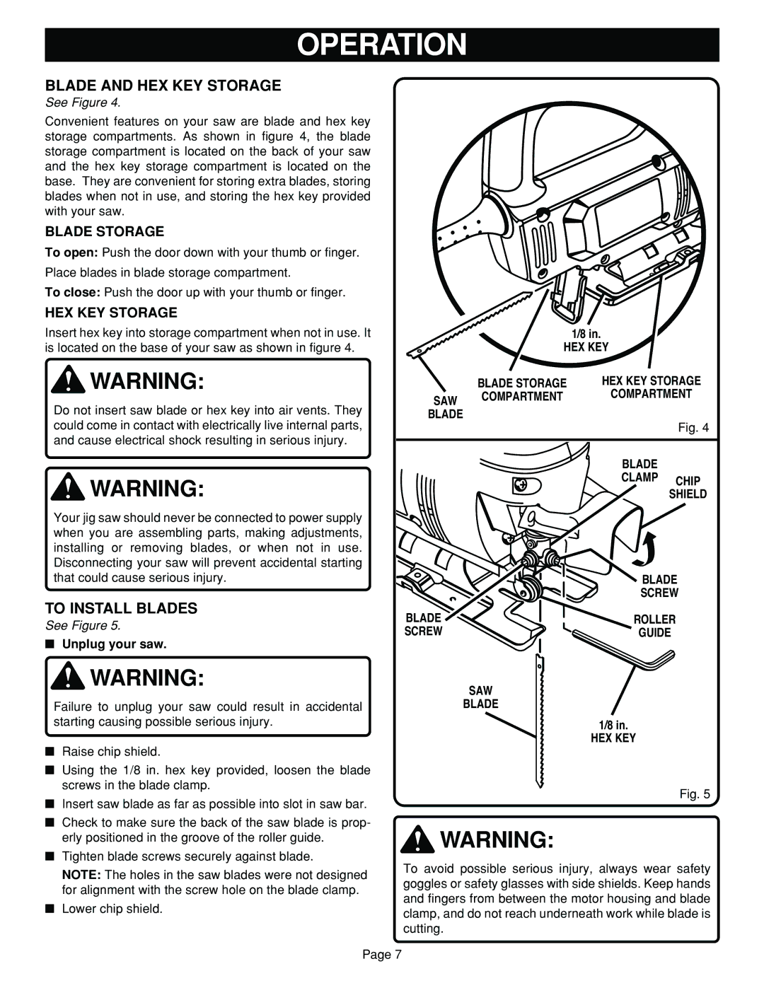 Ryobi JSO48 specifications Blade and HEX KEY Storage, To Install Blades, Blade Storage 