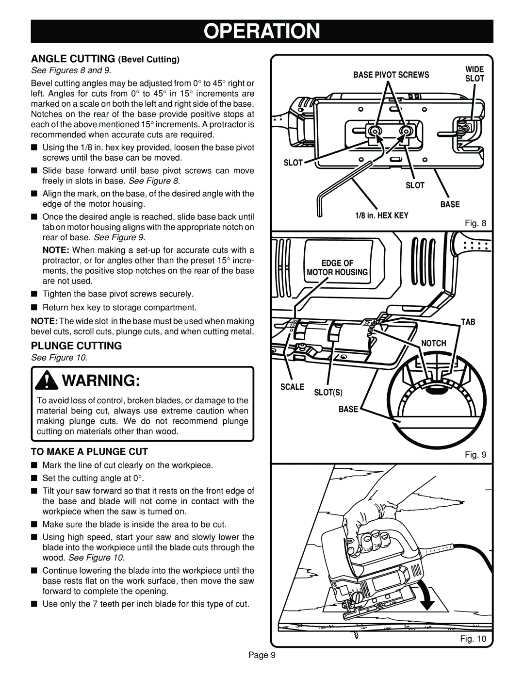 Ryobi JSO48 specifications Plunge Cutting, To Make a Plunge CUT 