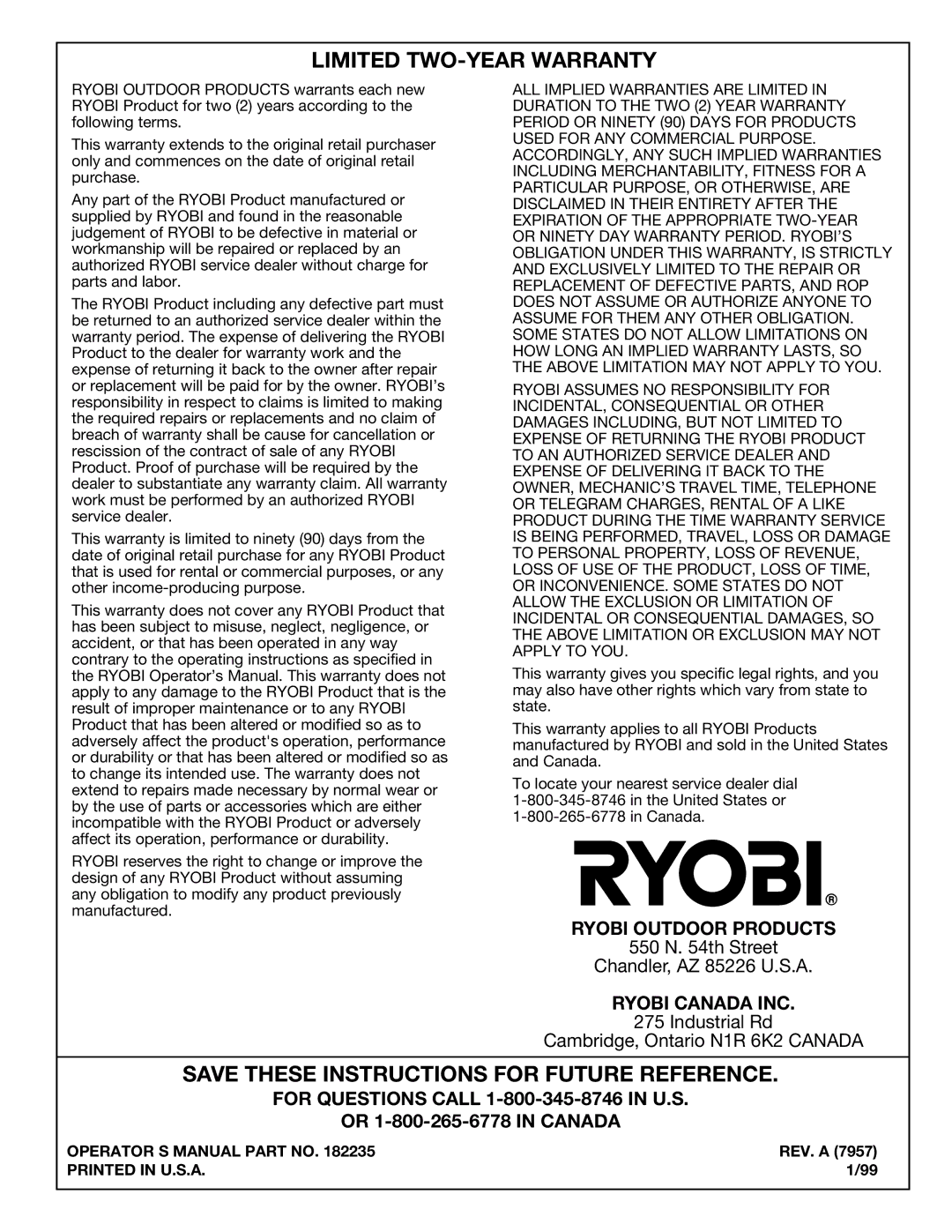 Ryobi LE720r manual Limited TWO-YEAR Warranty 