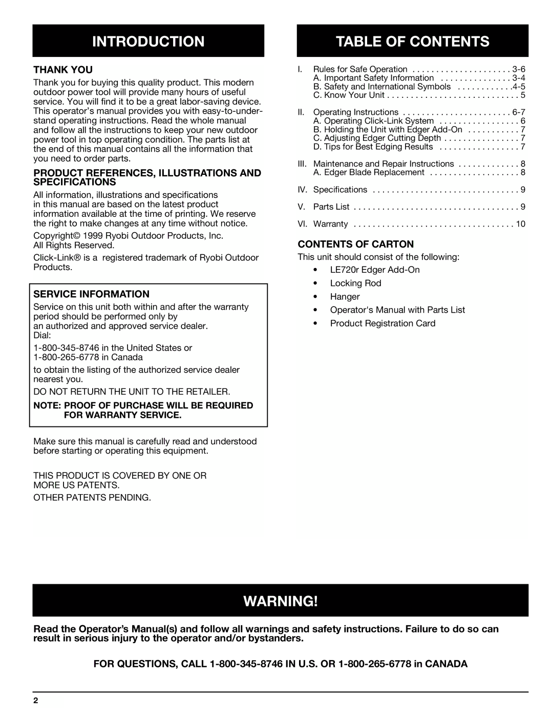 Ryobi LE720r manual Introduction, Table of Contents 