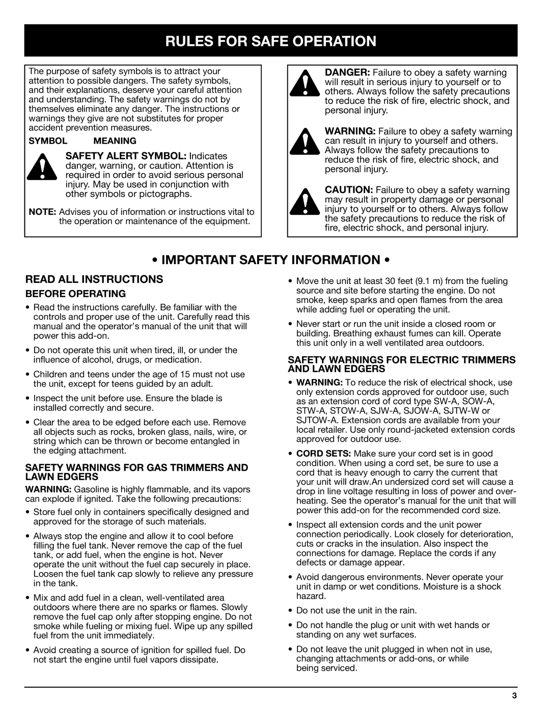 Ryobi LE720r manual Rules for Safe Operation, Before Operating, Safety Warnings for GAS Trimmers and Lawn Edgers 