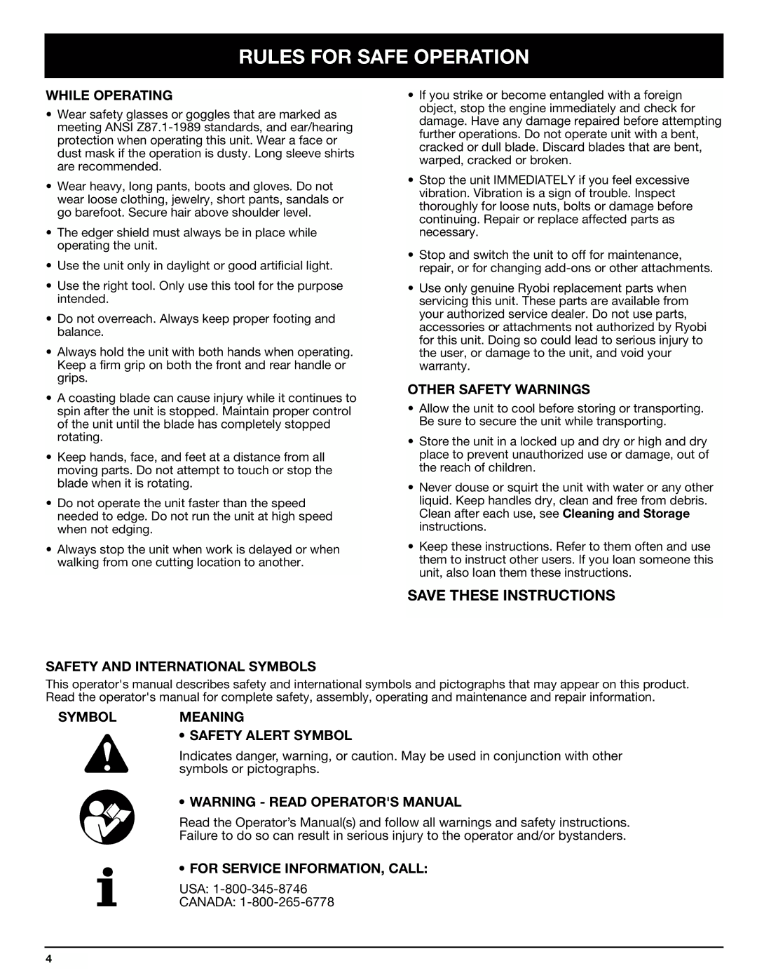 Ryobi LE720r While Operating, Other Safety Warnings, Safety and International Symbols, Symbolmeaning Safety Alert Symbol 