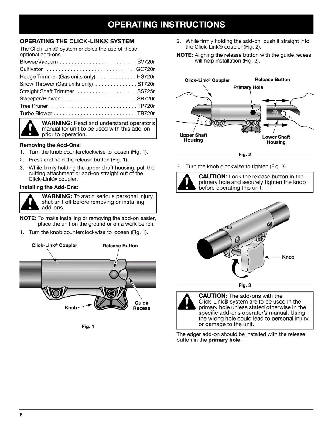 Ryobi LE720r manual Operating Instructions, Operating the CLICK-LINK System 