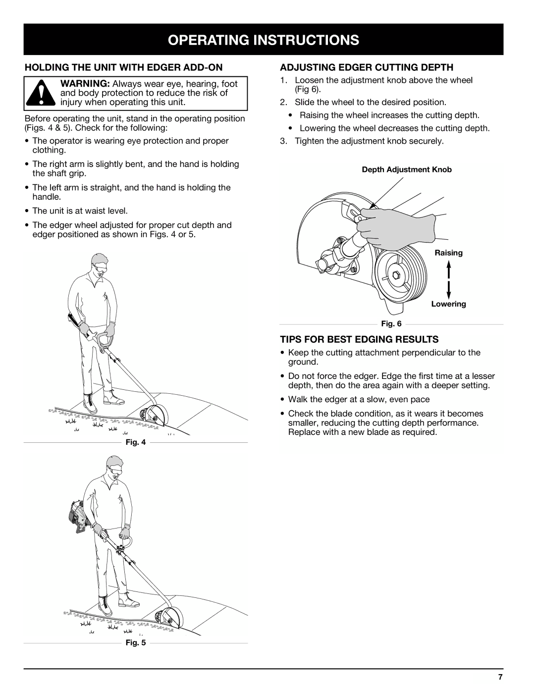 Ryobi LE720r manual Holding the Unit with Edger ADD-ON, Adjusting Edger Cutting Depth, Tips for Best Edging Results 