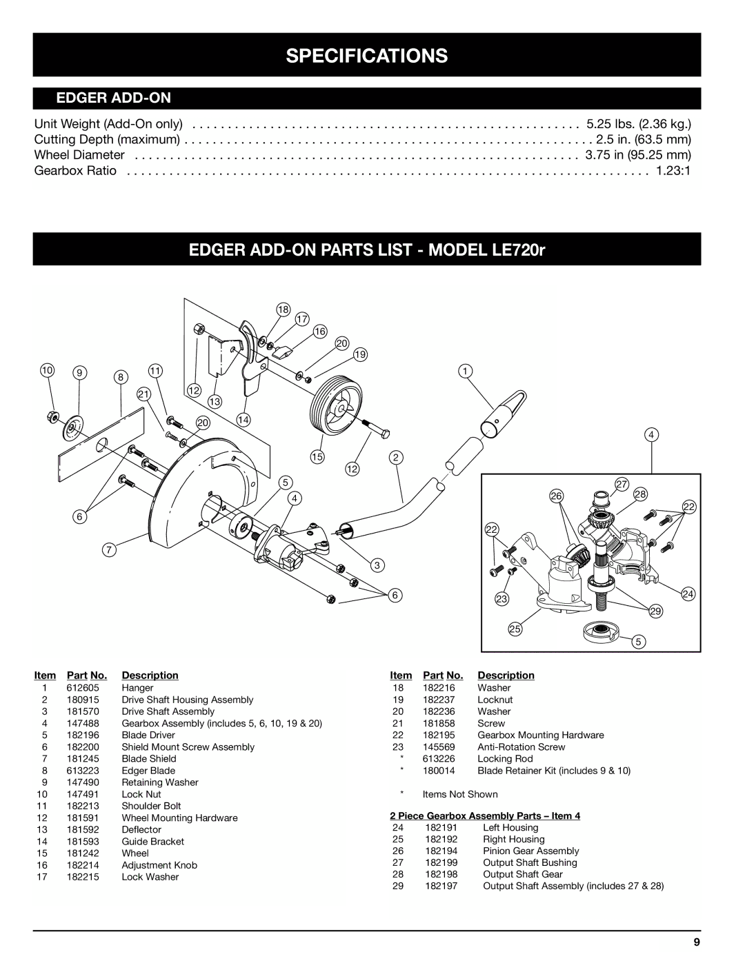 Ryobi LE720r manual Specifications, Edger ADD-ON 