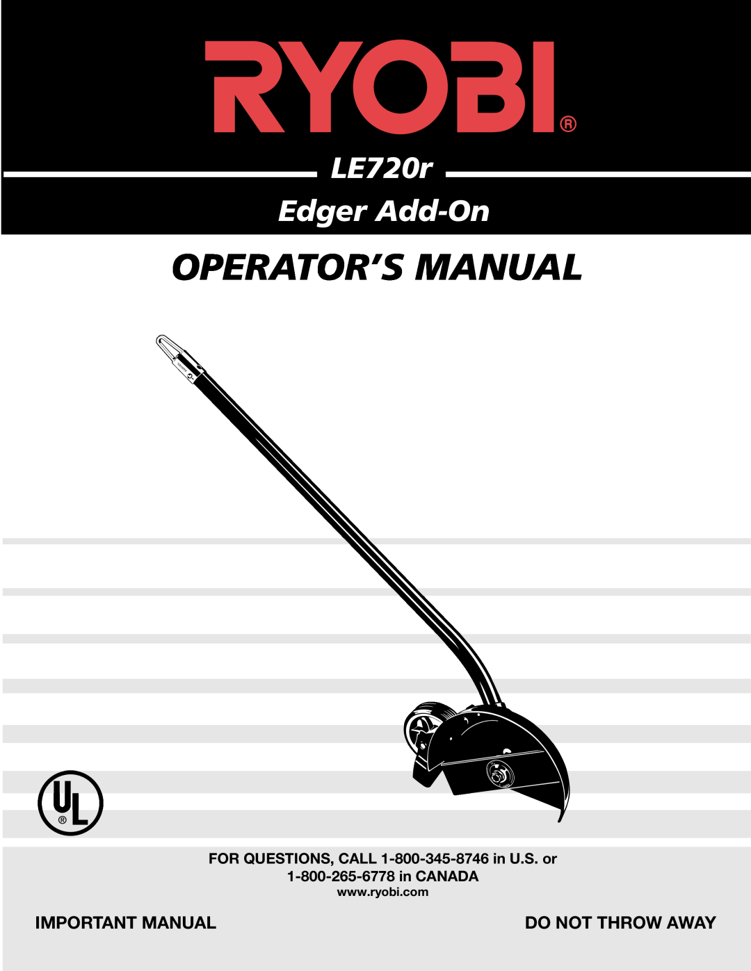 Ryobi manual Important Manual, Operator’S Manual, LE720r Edger Add-On, Do Not Throw Away 