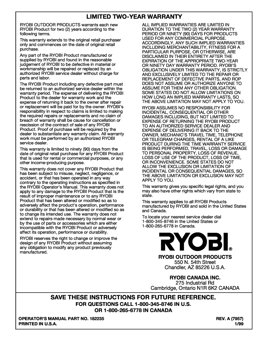 Ryobi LE720r Limited Two-Yearwarranty, Save These Instructions For Future Reference, Ryobi Outdoor Products, Industrial Rd 