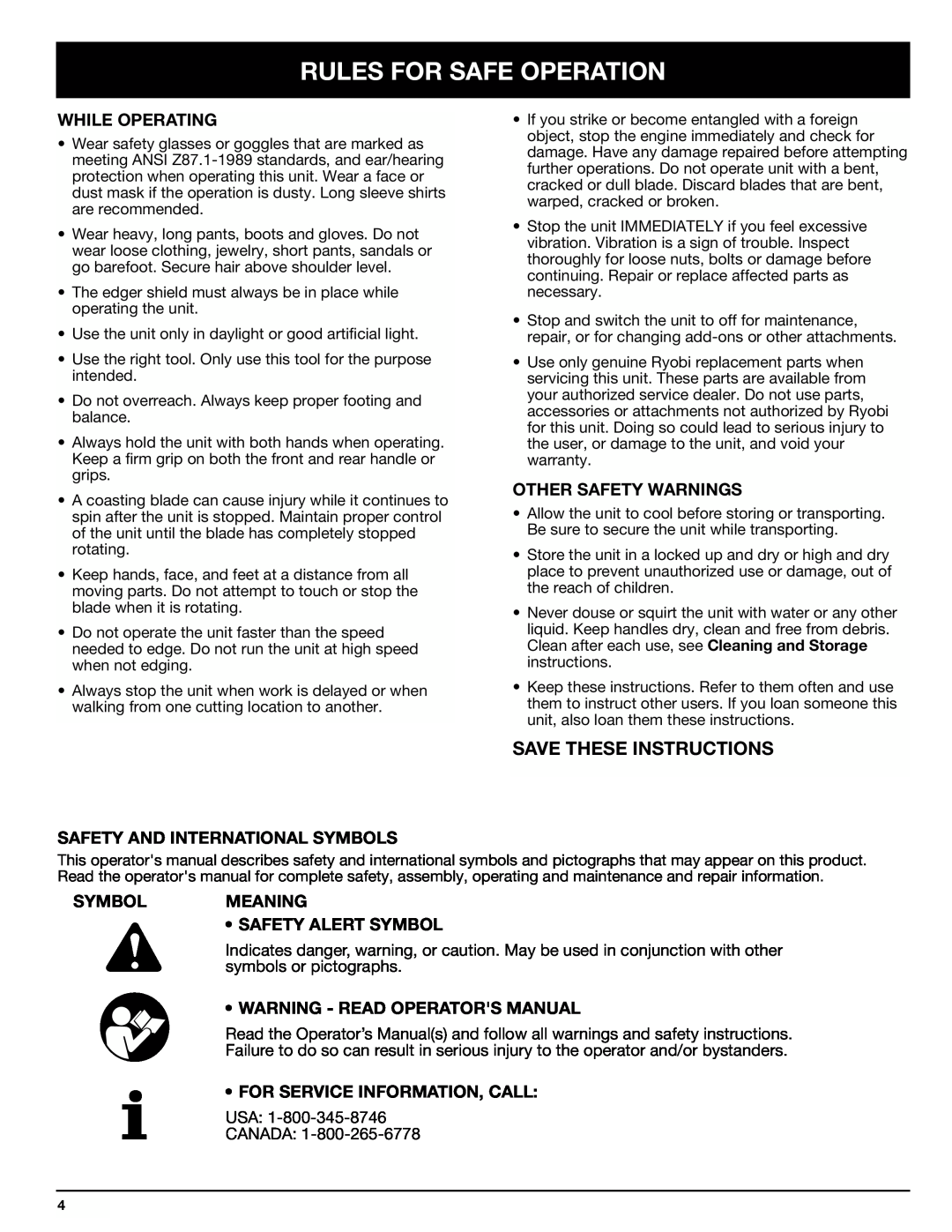 Ryobi LE720r manual Save These Instructions, While Operating, Other Safety Warnings, Safety And International Symbols 
