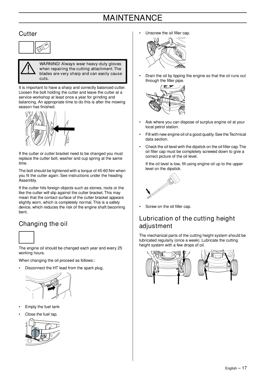 Ryobi M48 Pro, M53 S Pro manual Cutter, Changing the oil, Lubrication of the cutting height adjustment 