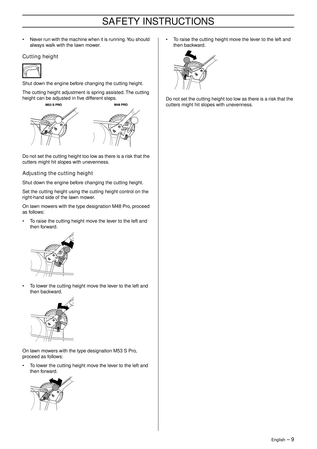 Ryobi M48 Pro, M53 S Pro manual Cutting height 