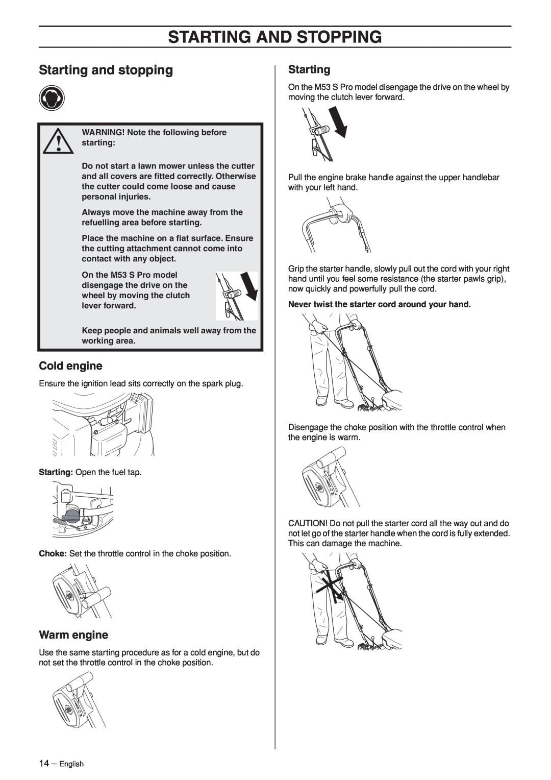 Ryobi M53 S Pro, M48 Pro manual Starting And Stopping, Starting and stopping, Cold engine, Warm engine 